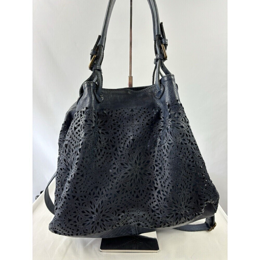 Italian Shoulder Bag Navy Blue Laser Cut Roomy Crossbody Divided Adjustable